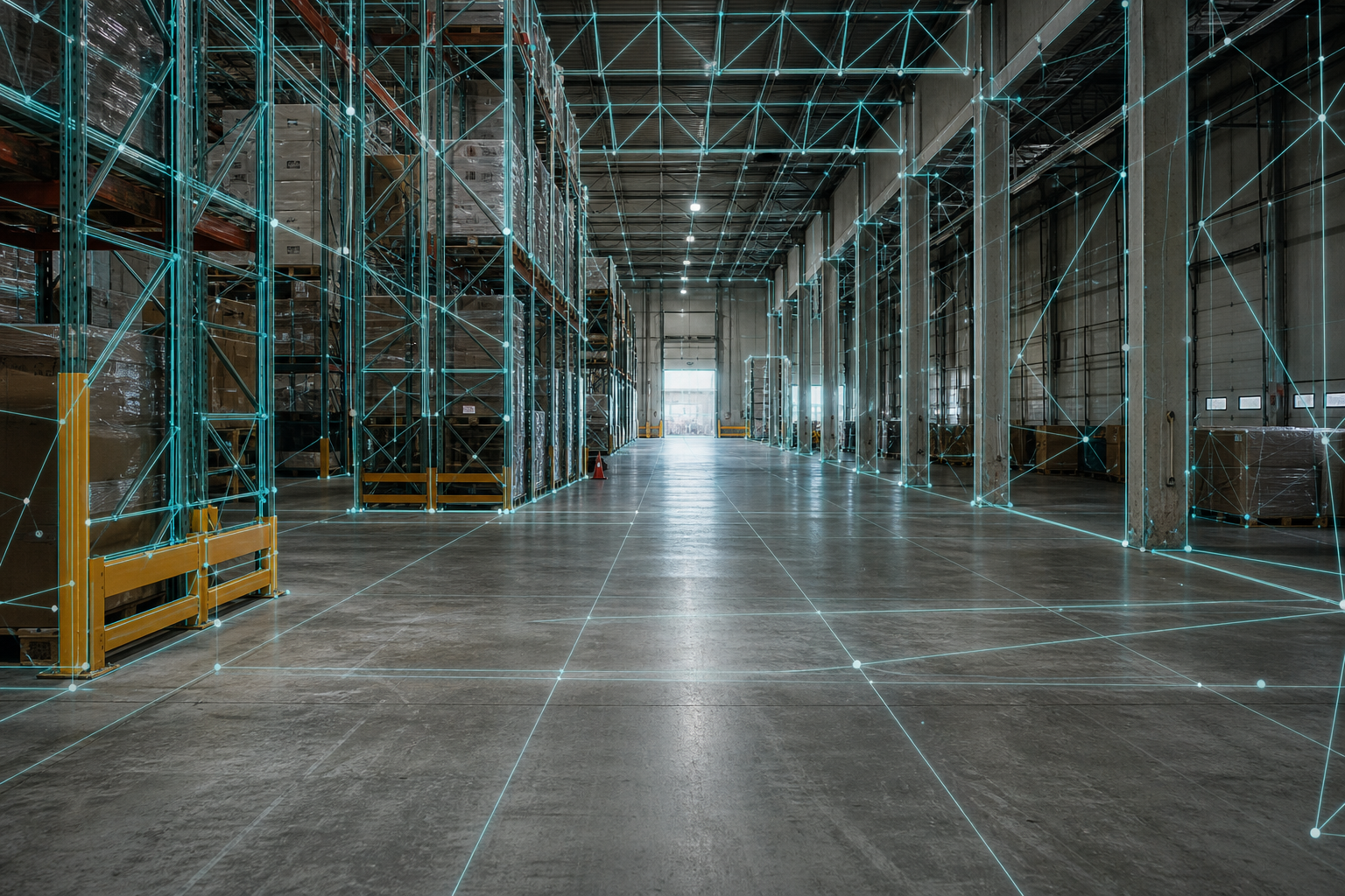 Warehouse interior with a spatial edge overlay reconstructing the volume